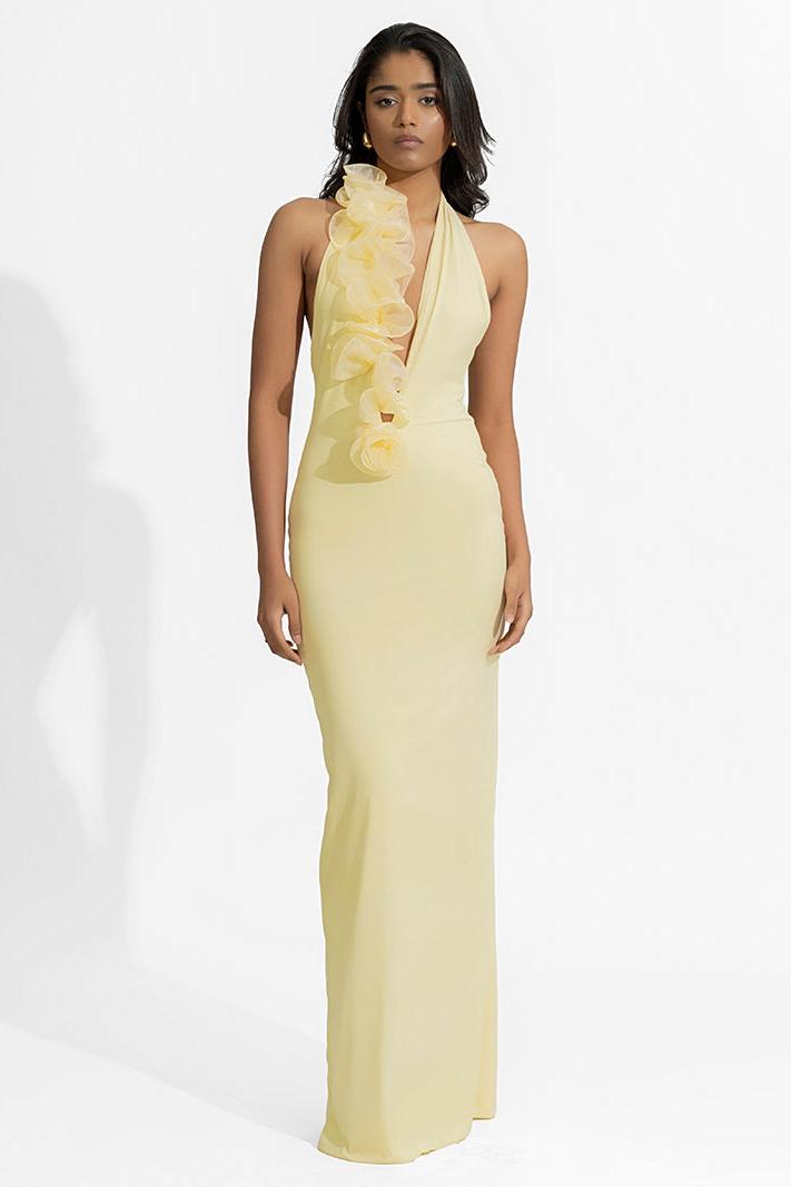 3D Flower Halter Neck Backless Maxi Dress