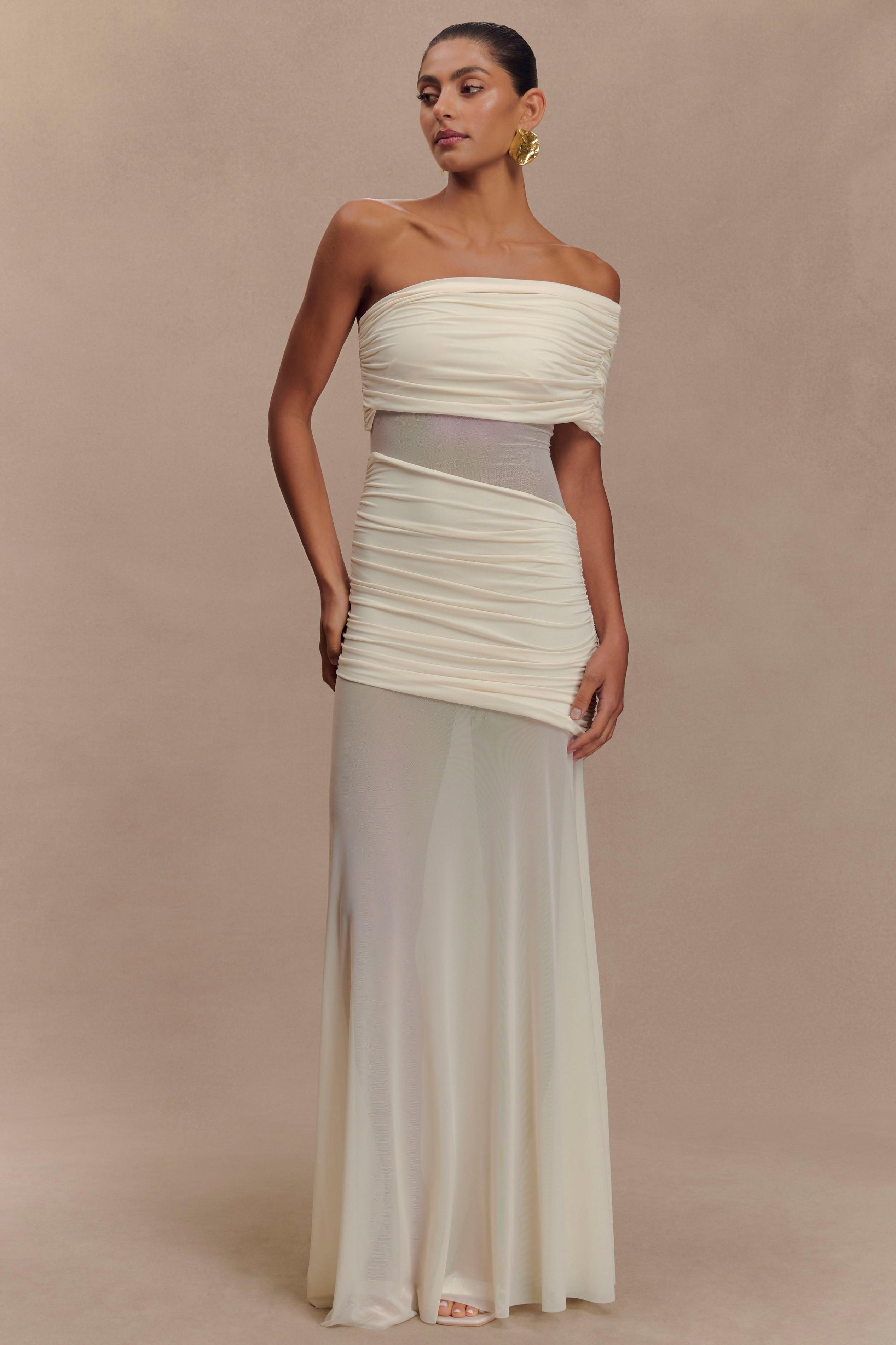 Mesh One Shoulder Ruched Maxi Dress