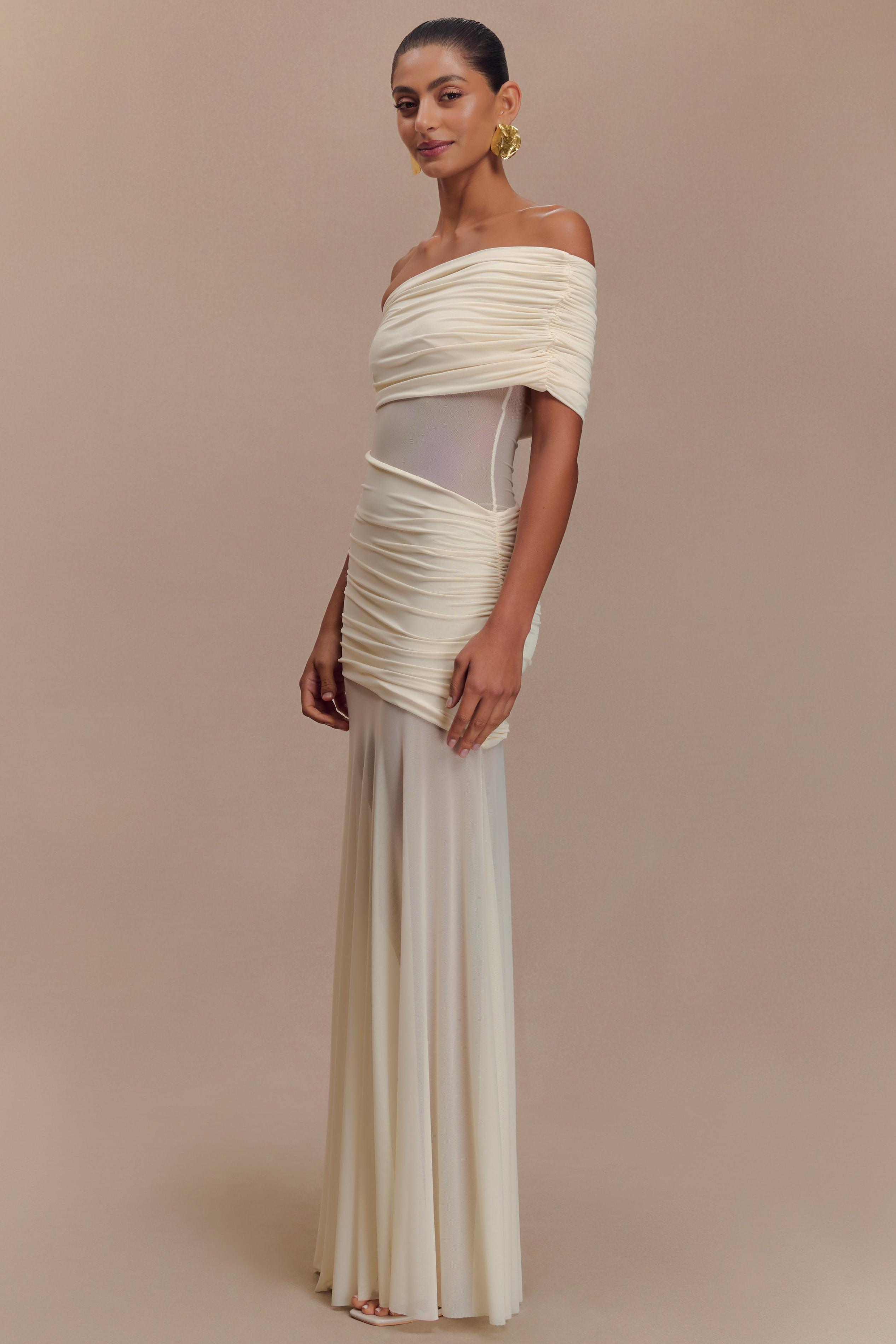 Mesh One Shoulder Ruched Maxi Dress