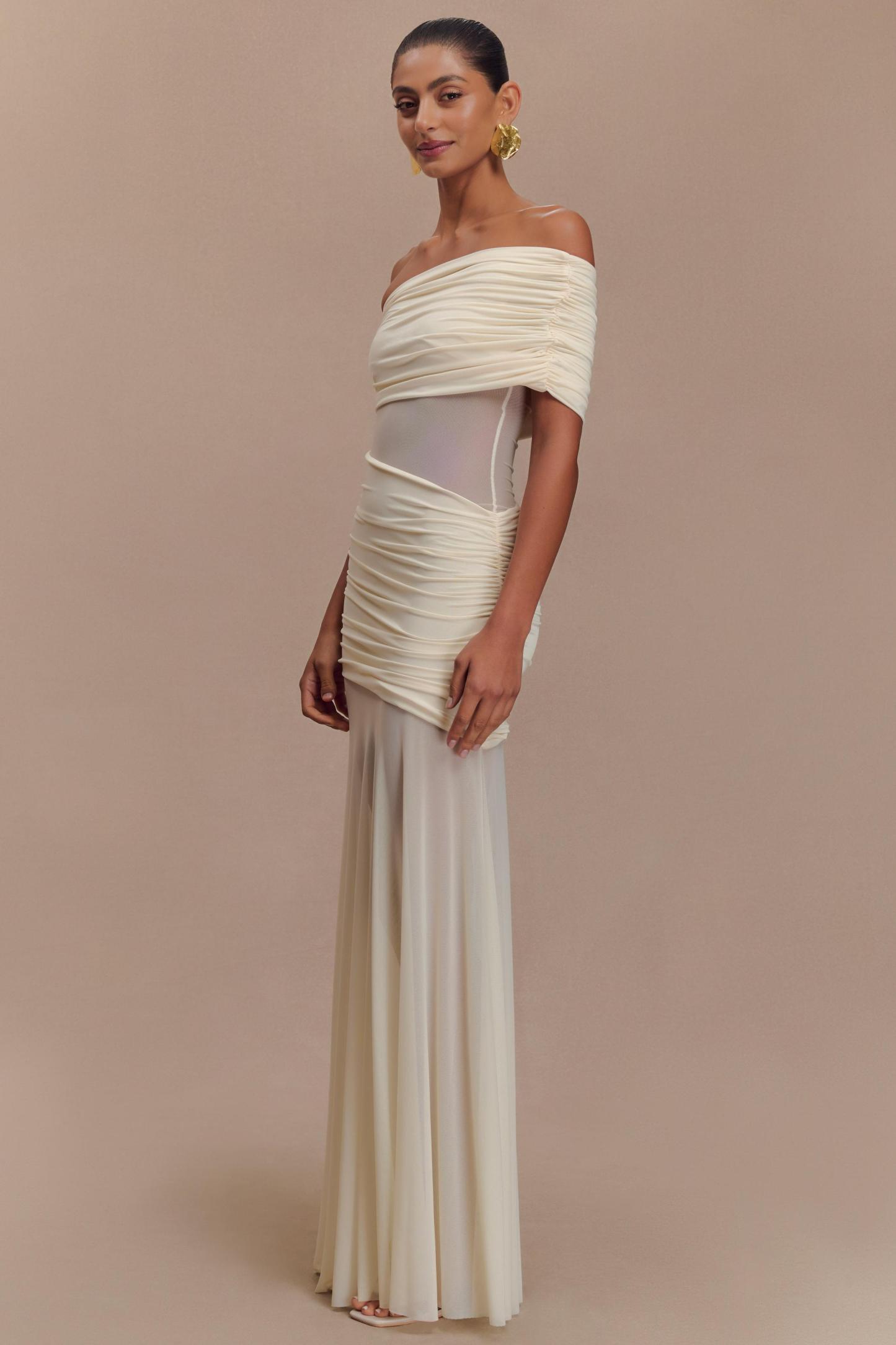 Mesh One Shoulder Ruched Maxi Dress