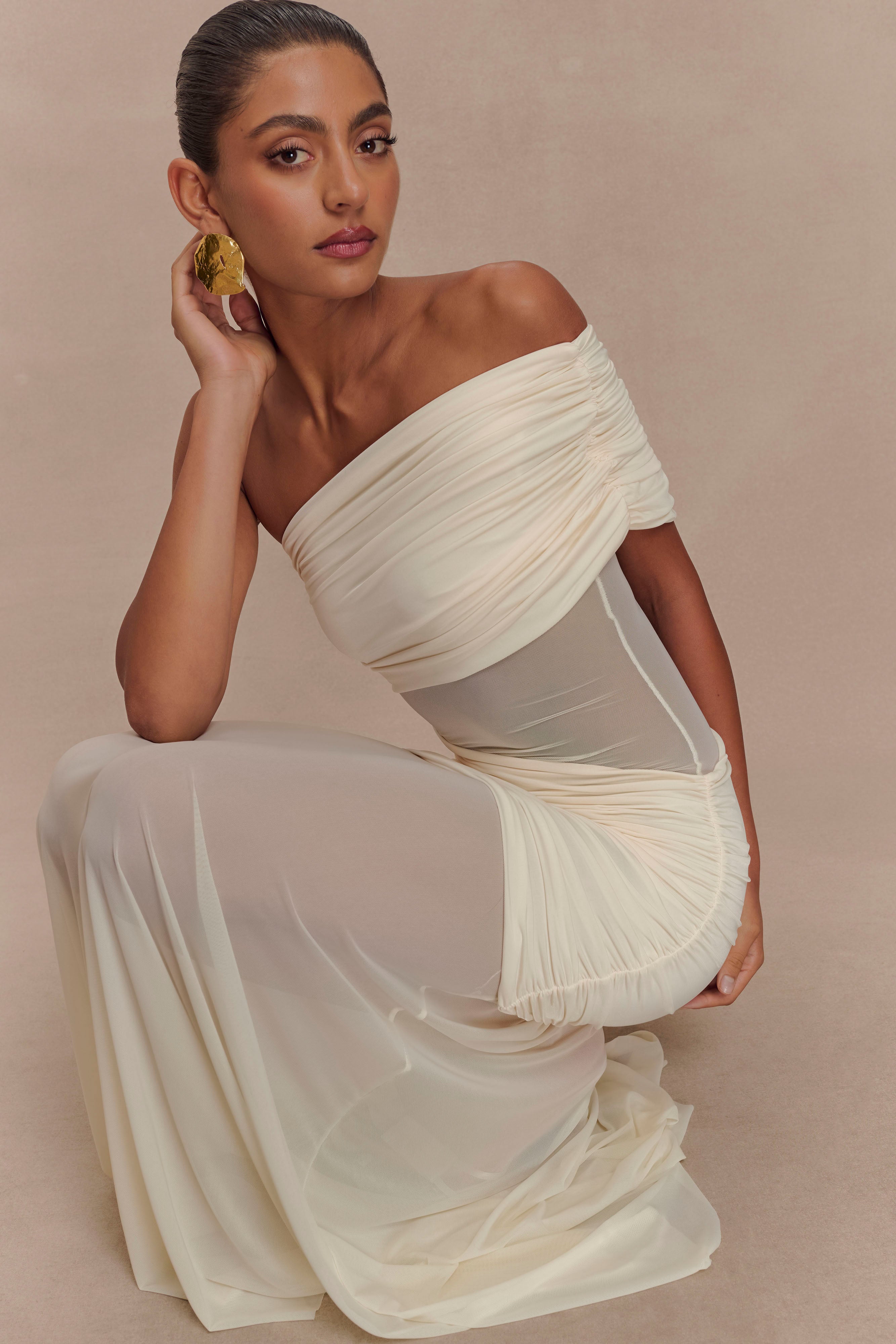 Mesh One Shoulder Ruched Maxi Dress
