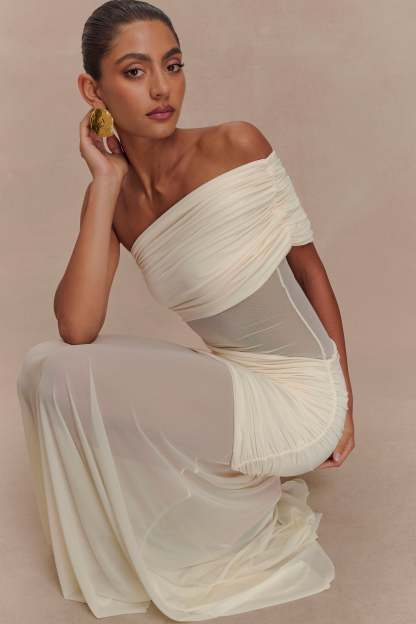 Mesh One Shoulder Ruched Maxi Dress