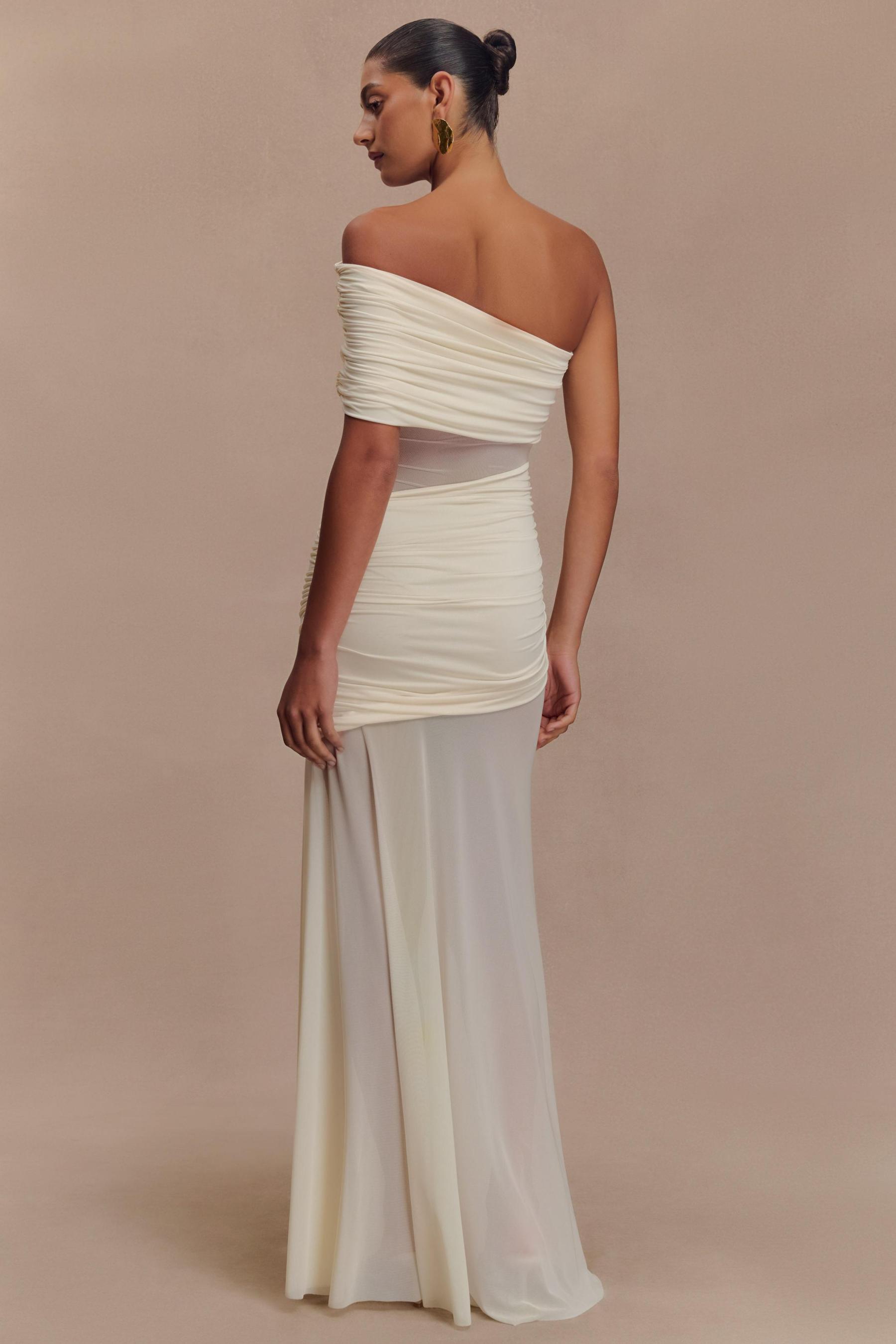 Mesh One Shoulder Ruched Maxi Dress