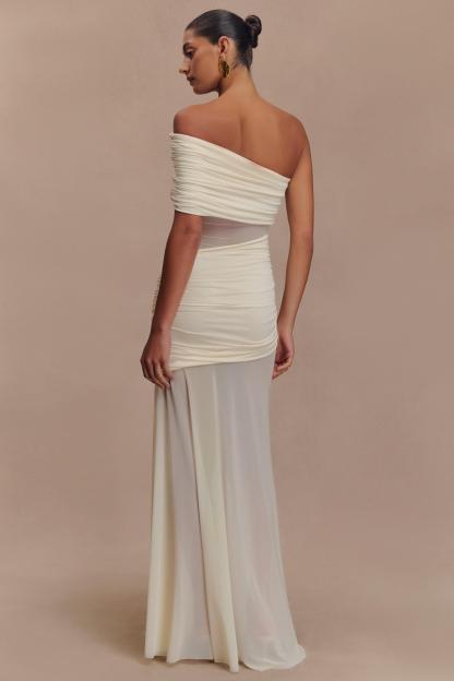 Mesh One Shoulder Ruched Maxi Dress