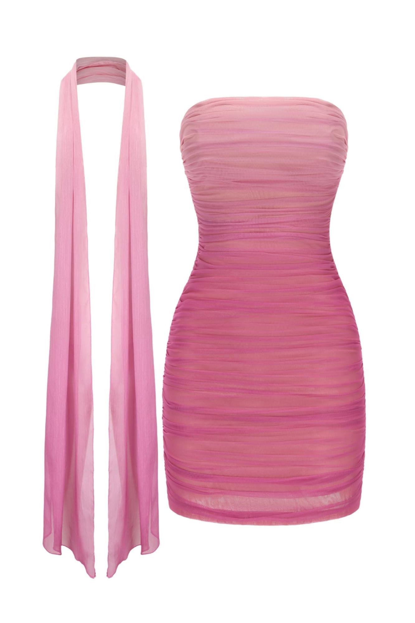 Mesh Gradient Color Off-Shoulder Gathering Mini Dress