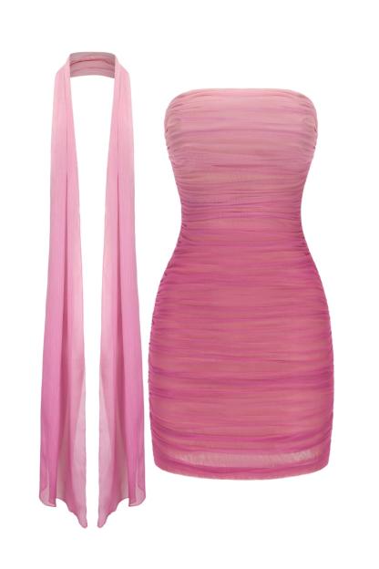 Mesh Gradient Color Off-Shoulder Gathering Mini Dress