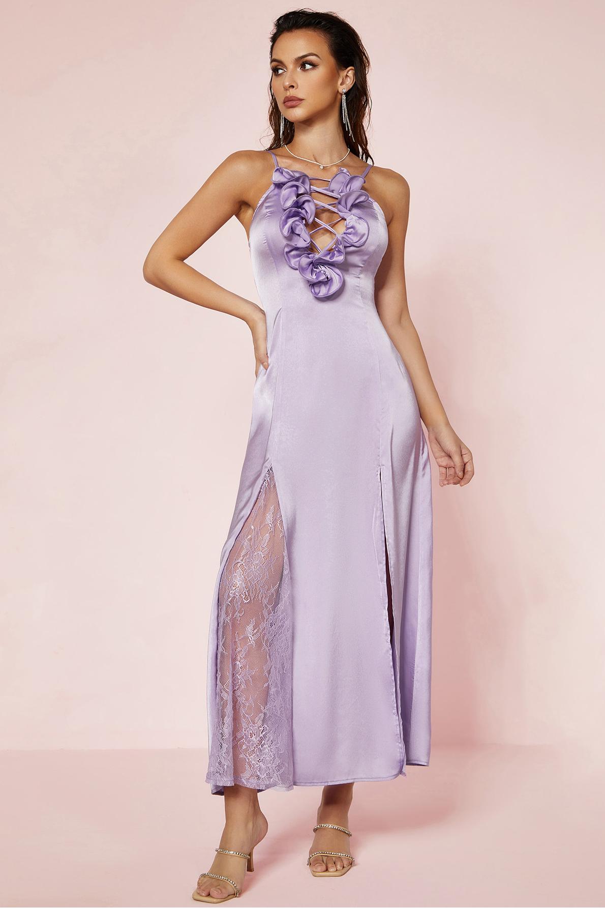 Satin Splicing Lace 3D Flower Backless Midi Dress