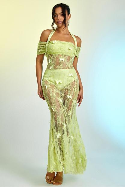 Lace Butterfly See-Through Midi Dress