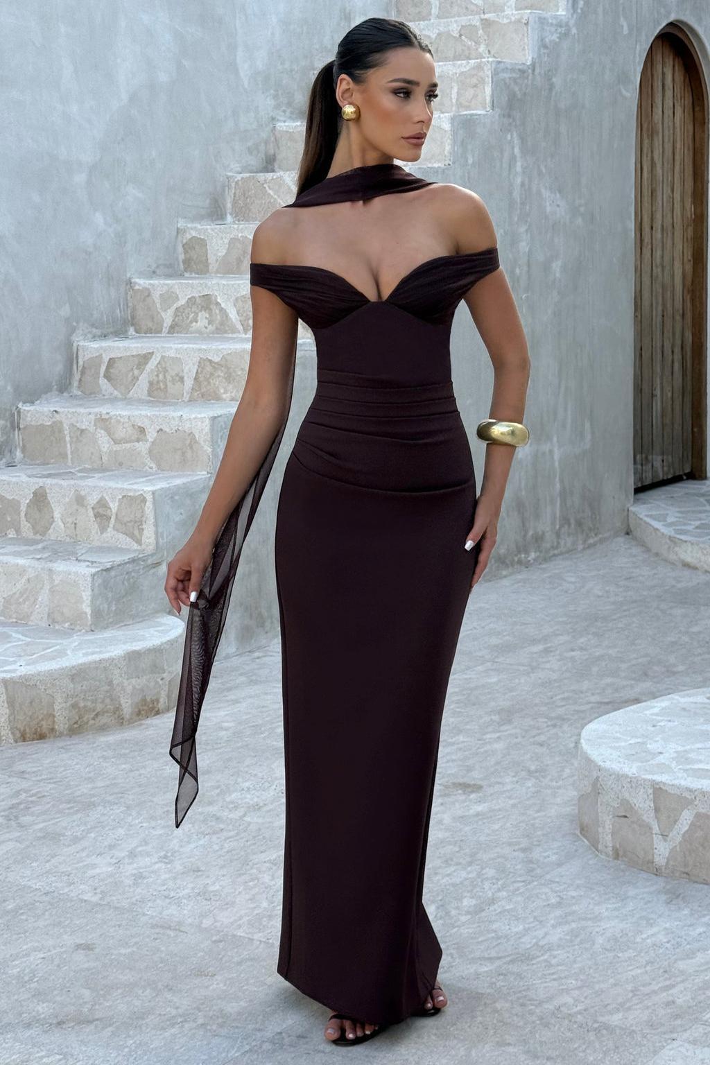 Solid Off-Shoulder Slit Maxi Dress