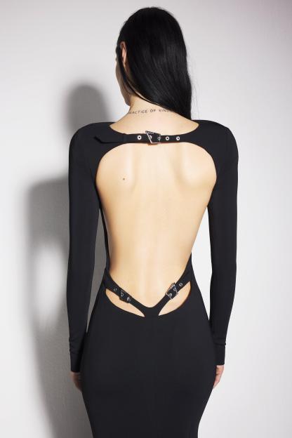 Solid Backless Metal Buttom Maxi Dress