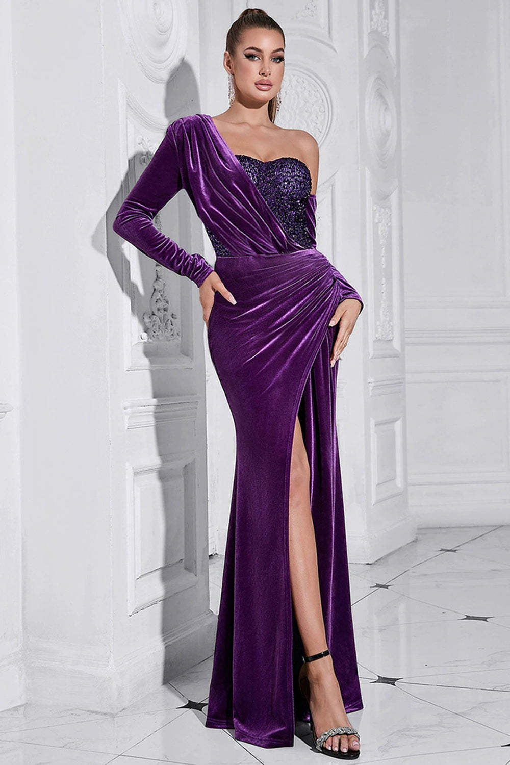 Sequin Splicing Velvet Slit Maxi Dress