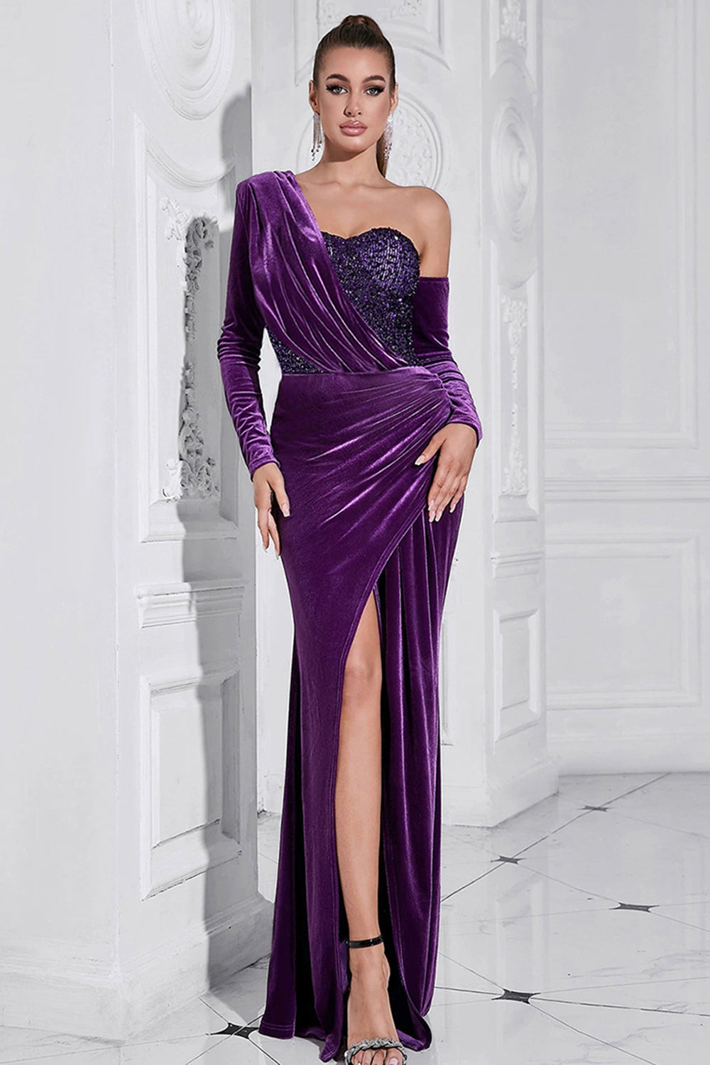 Sequin Splicing Velvet Slit Maxi Dress