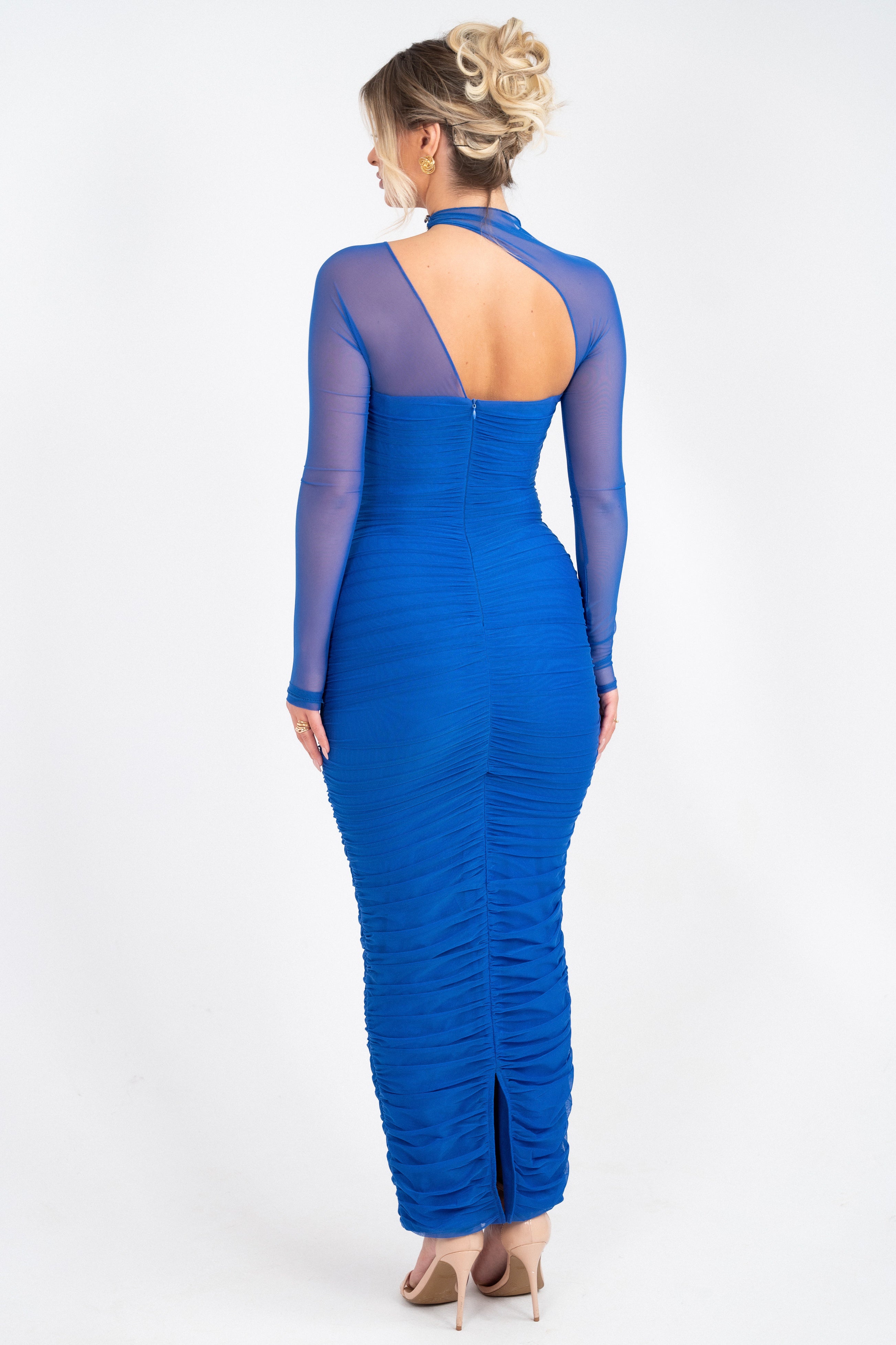Mesh Gathering Cut-Out Maxi Dress