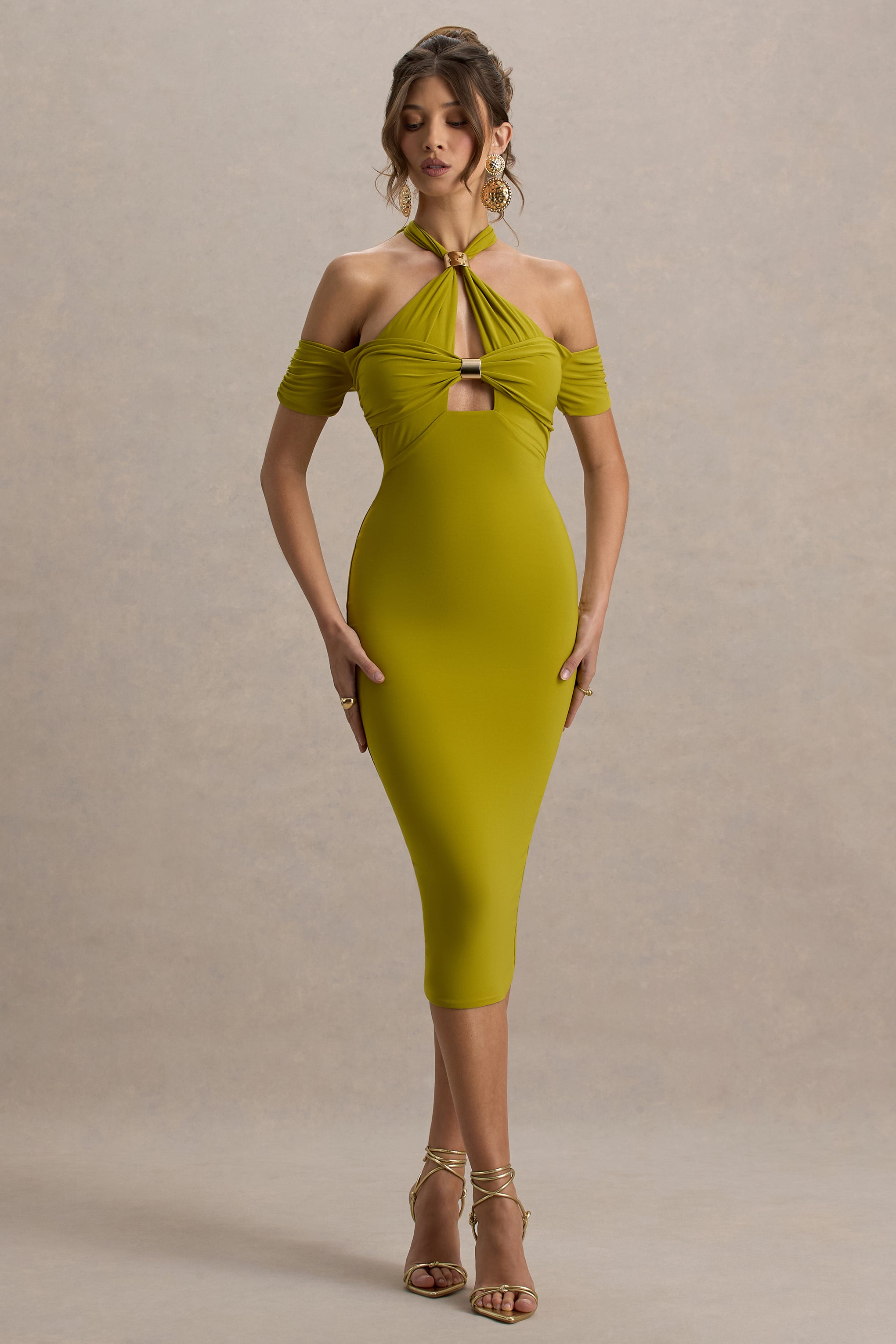 Solid Halter Neck Metal Buttom Midi Dress