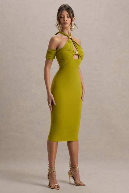 Solid Halter Neck Metal Buttom Midi Dress