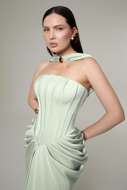 Satin Pleated Maxi Dress With Cape