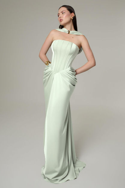 Satin Pleated Maxi Dress With Cape