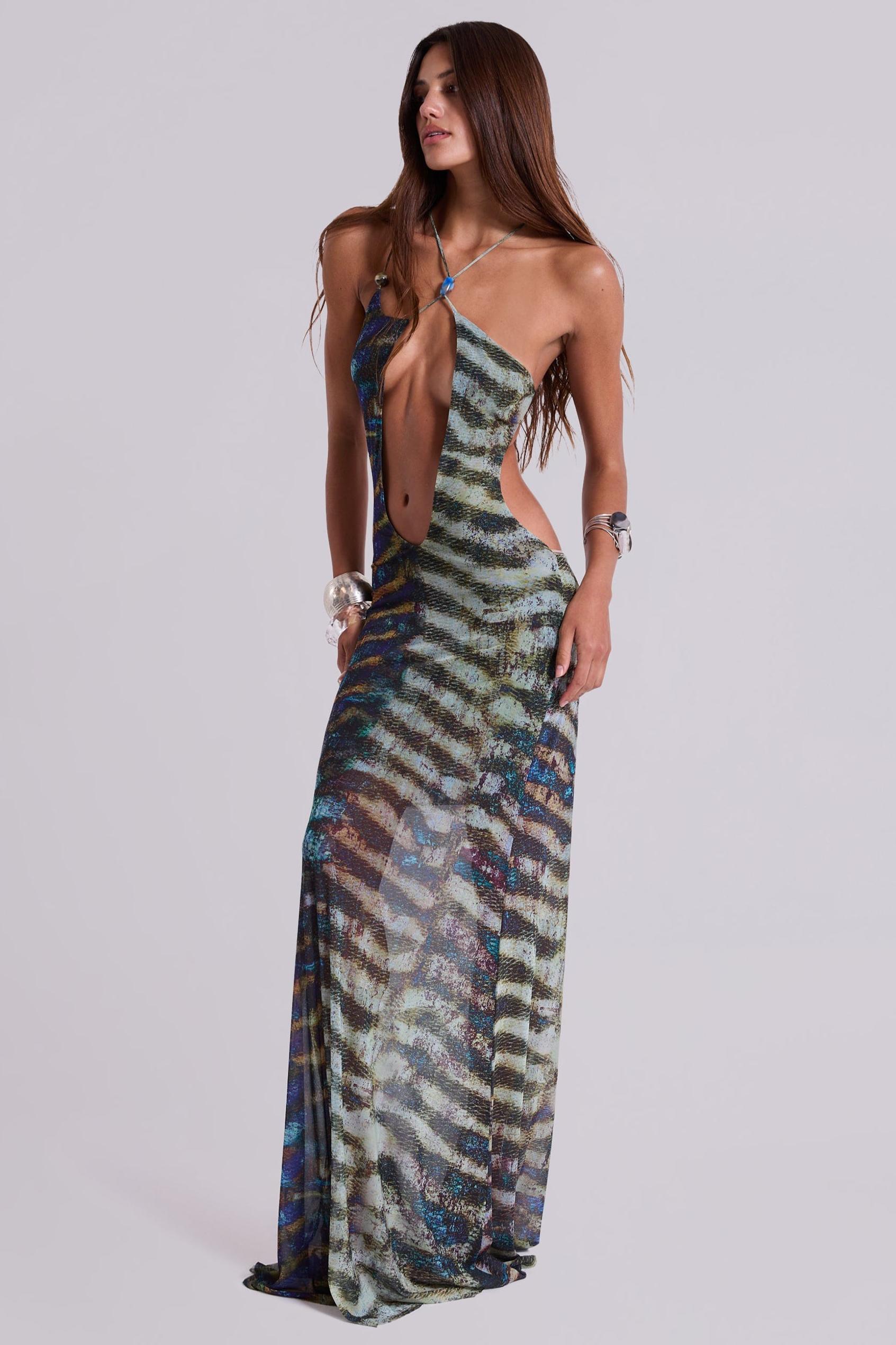 Abstract Print Cut-Out Mesh Maxi Dress