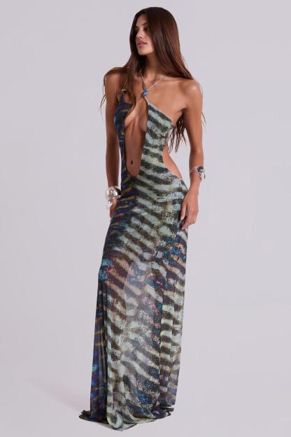 Abstract Print Cut-Out Mesh Maxi Dress