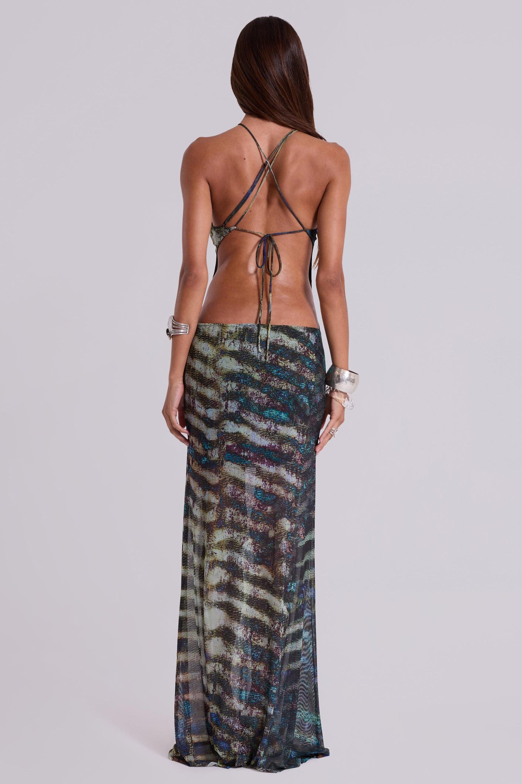 Abstract Print Cut-Out Mesh Maxi Dress