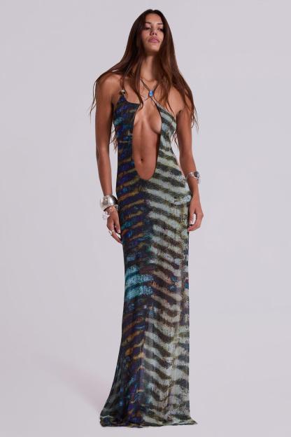 Abstract Print Cut-Out Mesh Maxi Dress