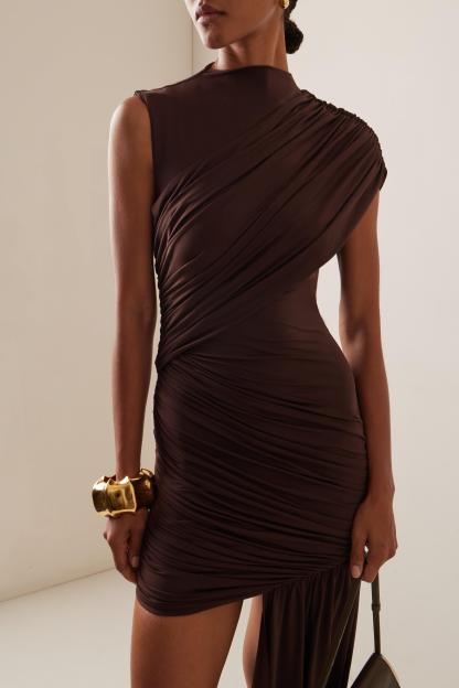 High Neck Asymmetrical Ruched Mini Dress