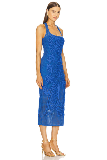 Crochet Halter Neck Square Collar Midi Dress