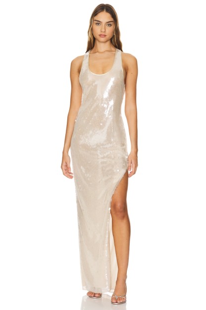 Solid Sequin Sleeveless Slit Maxi Dress