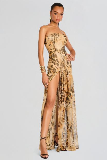 Chiffon Leopard Print Slit Maxi Dress