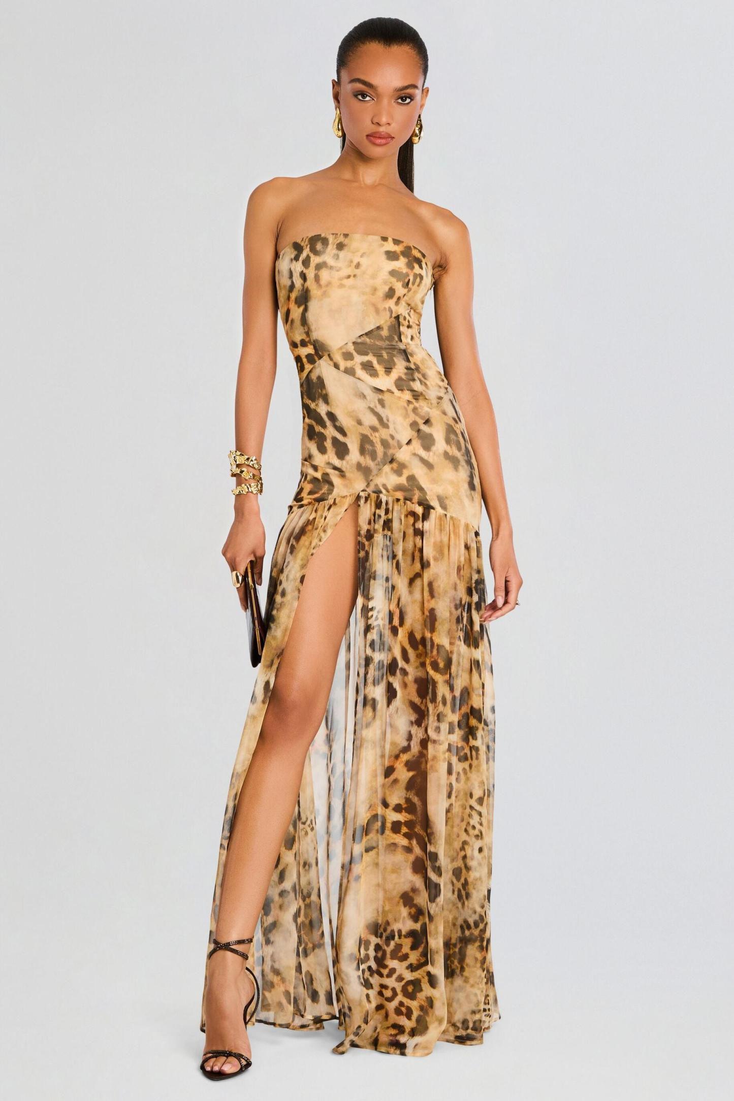 Chiffon Leopard Print Slit Maxi Dress
