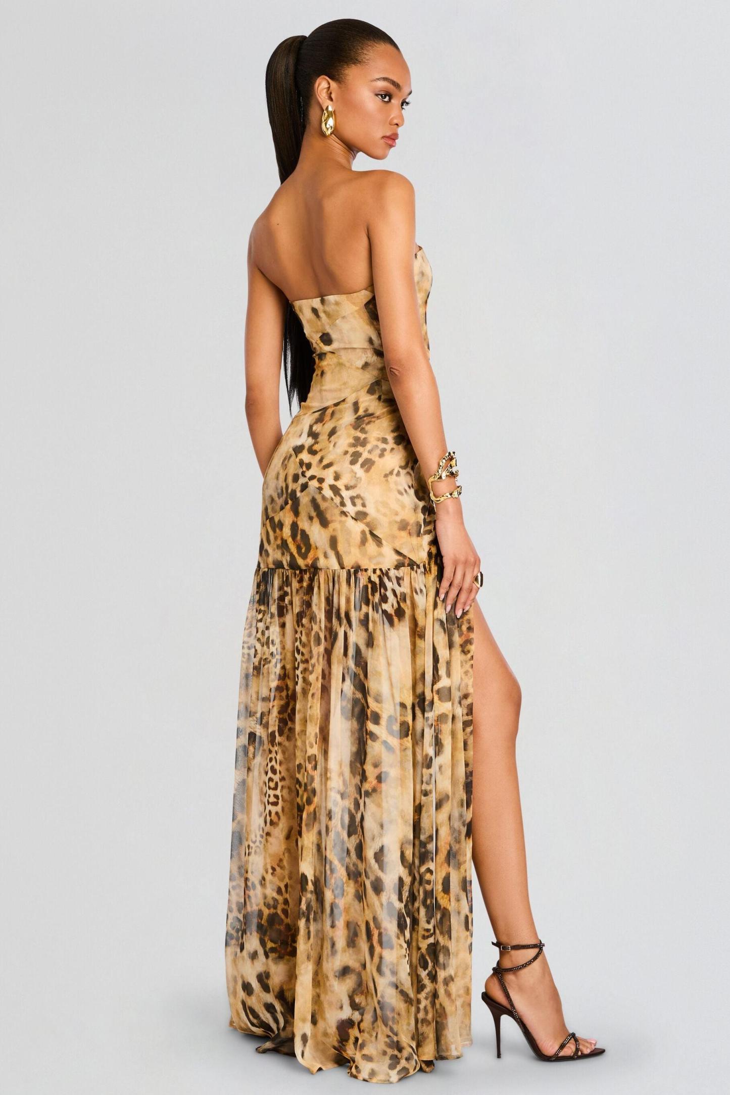 Chiffon Leopard Print Slit Maxi Dress