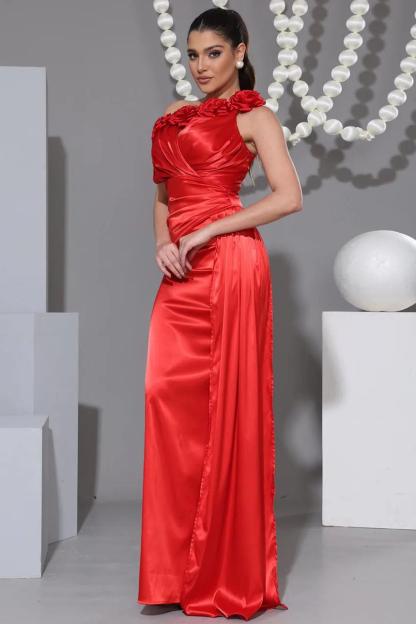3D Flower Satin One Shoulder Maxi Dress