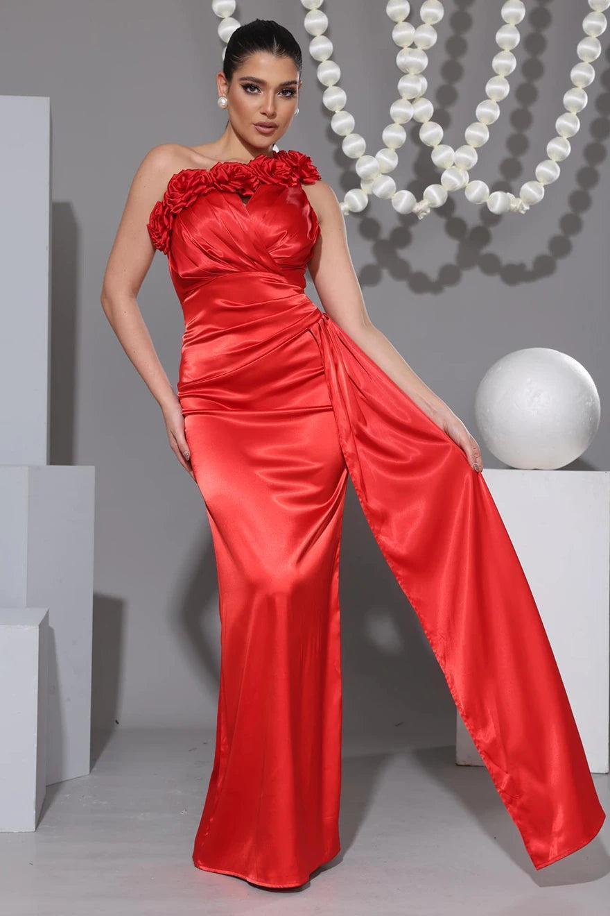 3D Flower Satin One Shoulder Maxi Dress