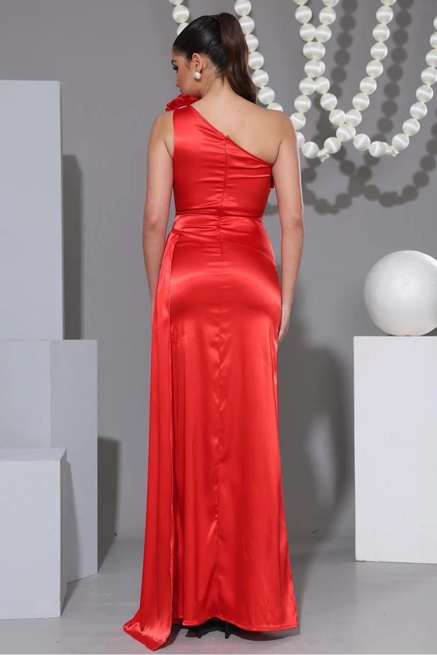 3D Flower Satin One Shoulder Maxi Dress