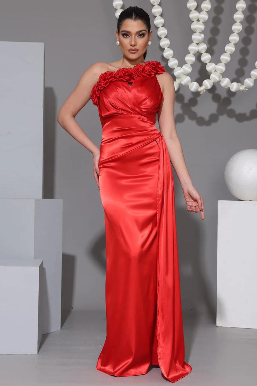 3D Flower Satin One Shoulder Maxi Dress