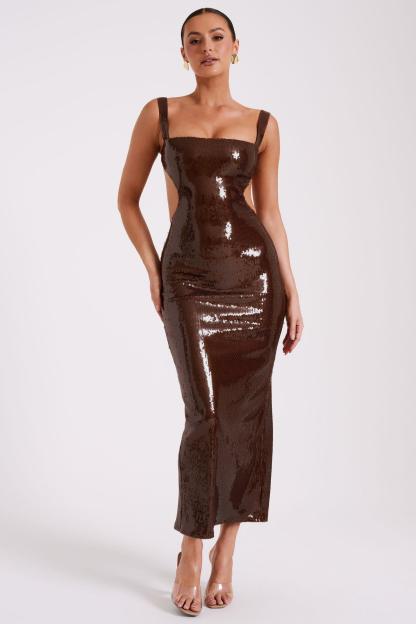Sequin Cut-Out Square Collar Maxi Dress