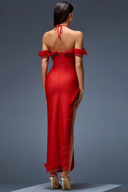 Pleated Frill Beaded Bandage Maxi Dress