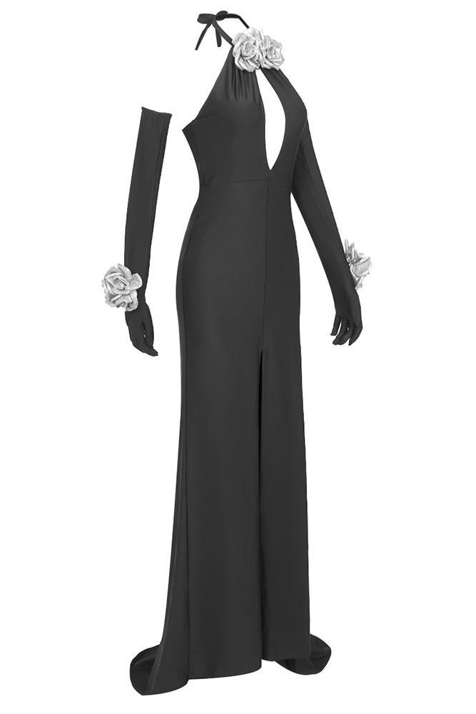 3D Flower Halter Neck Cut-Out Maxi Dress With Gloves