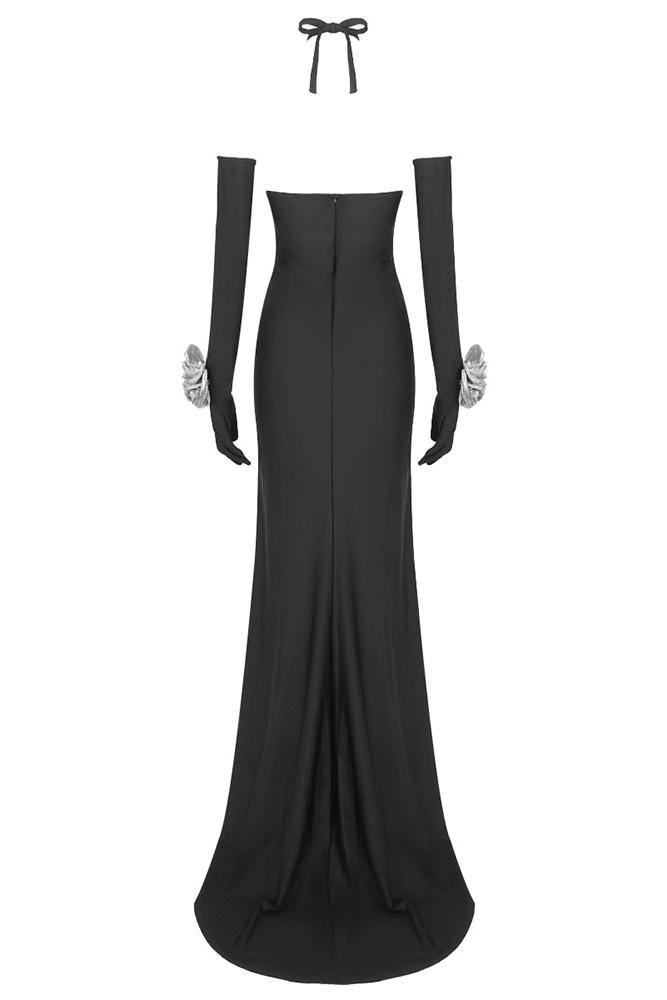 3D Flower Halter Neck Cut-Out Maxi Dress With Gloves