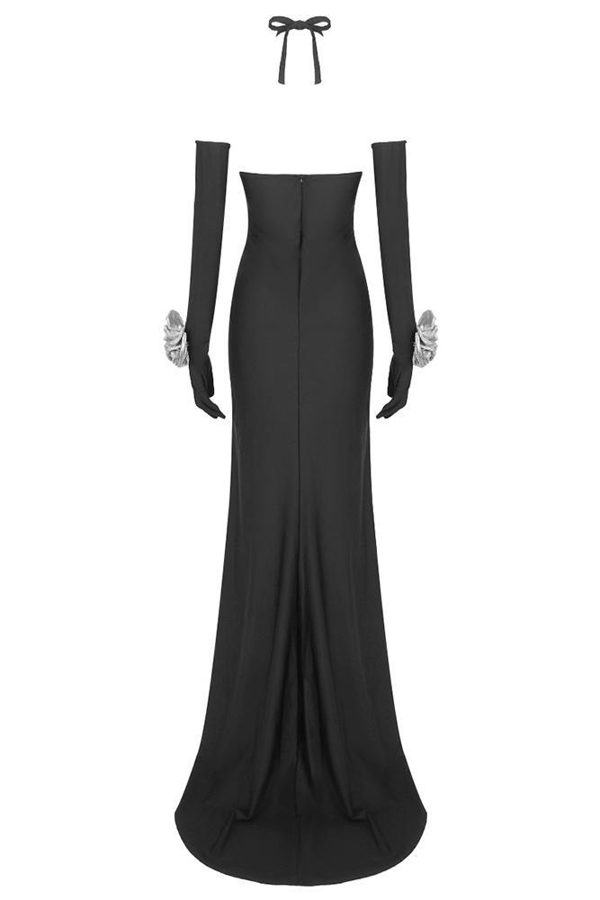 3D Flower Halter Neck Cut-Out Maxi Dress With Gloves