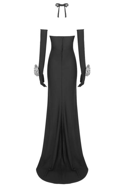 3D Flower Halter Neck Cut-Out Maxi Dress With Gloves