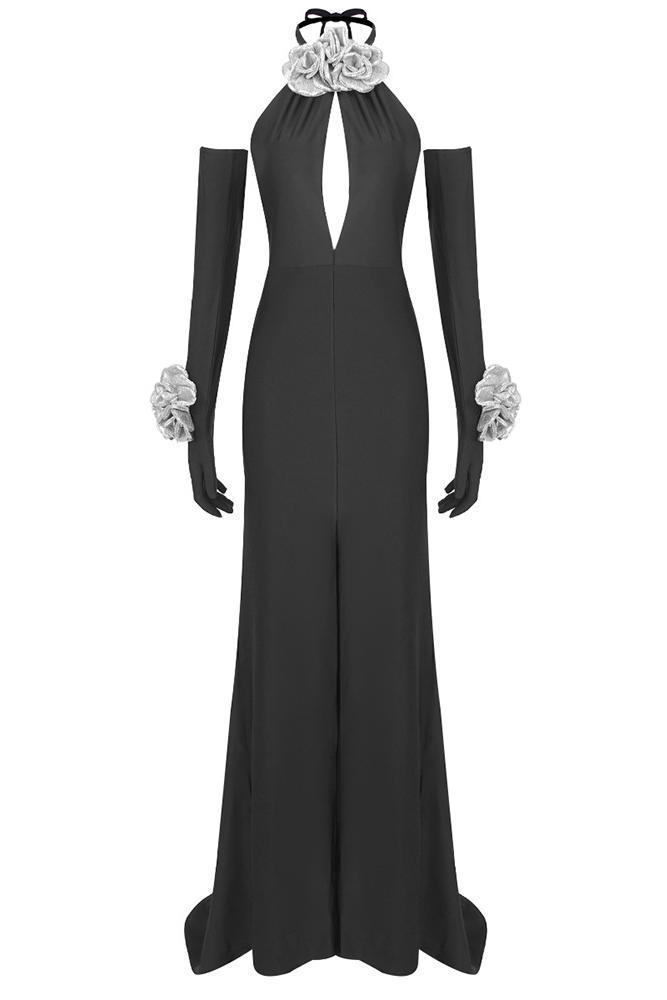 3D Flower Halter Neck Cut-Out Maxi Dress With Gloves