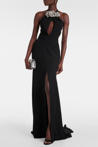 3D Flower Halter Neck Cut-Out Maxi Dress With Gloves