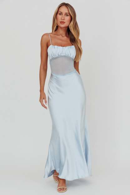Satin See-Through Gathering Maxi Dress
