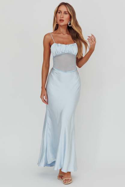 Satin See-Through Gathering Maxi Dress