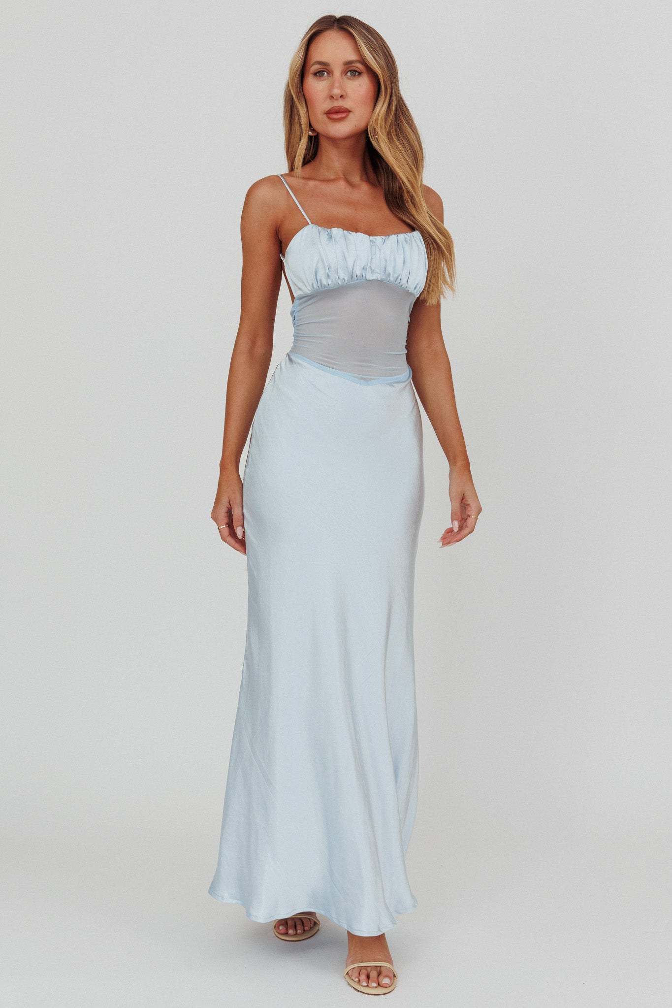 Satin See-Through Gathering Maxi Dress