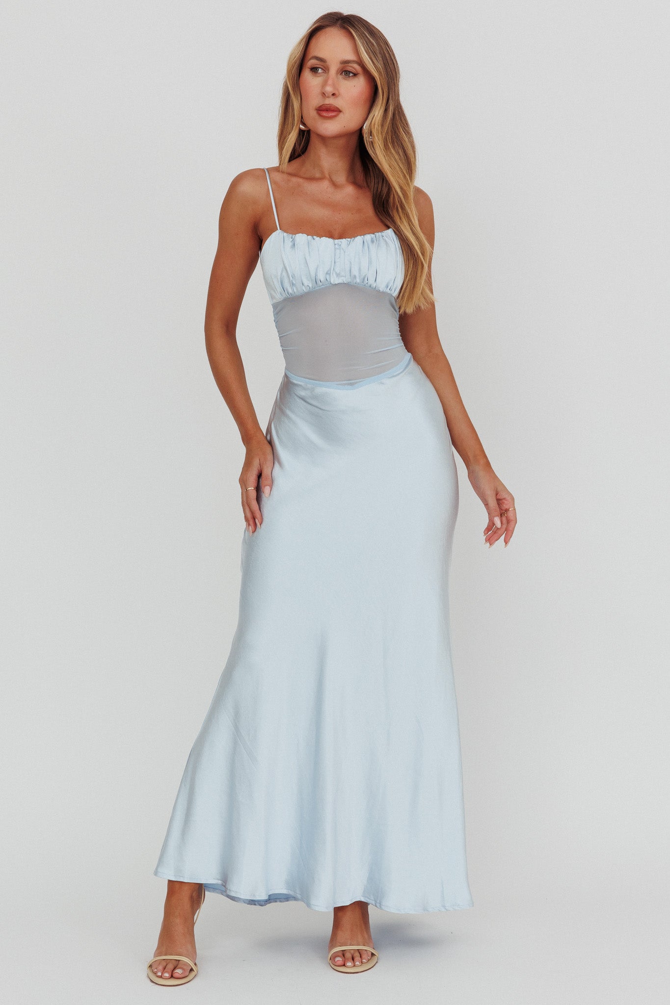 Satin See-Through Gathering Maxi Dress