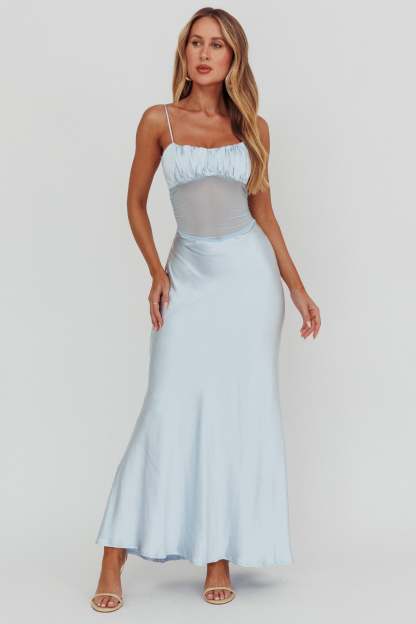Satin See-Through Gathering Maxi Dress