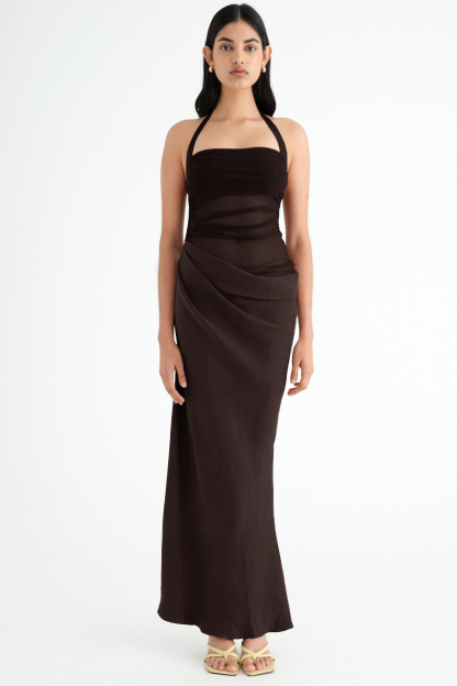 Mesh Splicing Satin Halter Neck Maxi Dress