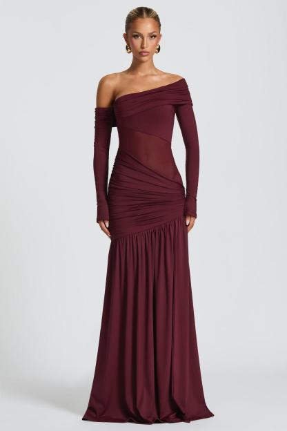 Long Sleeve Strapless See-Through Slit Maxi Dress